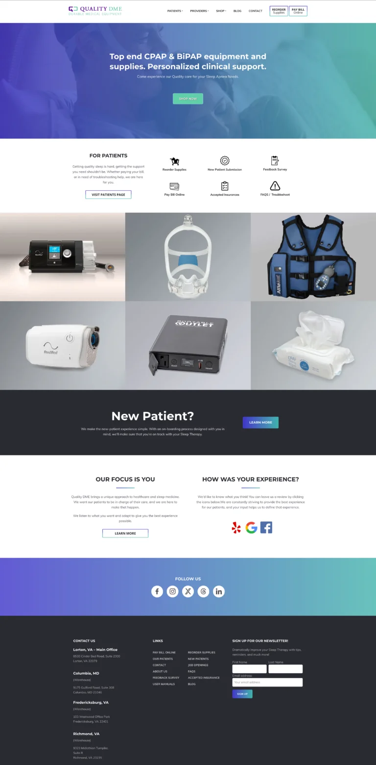 QualityDME sleep therapy healthcare homepage built by Focus Web Design Agency in Las Vegas