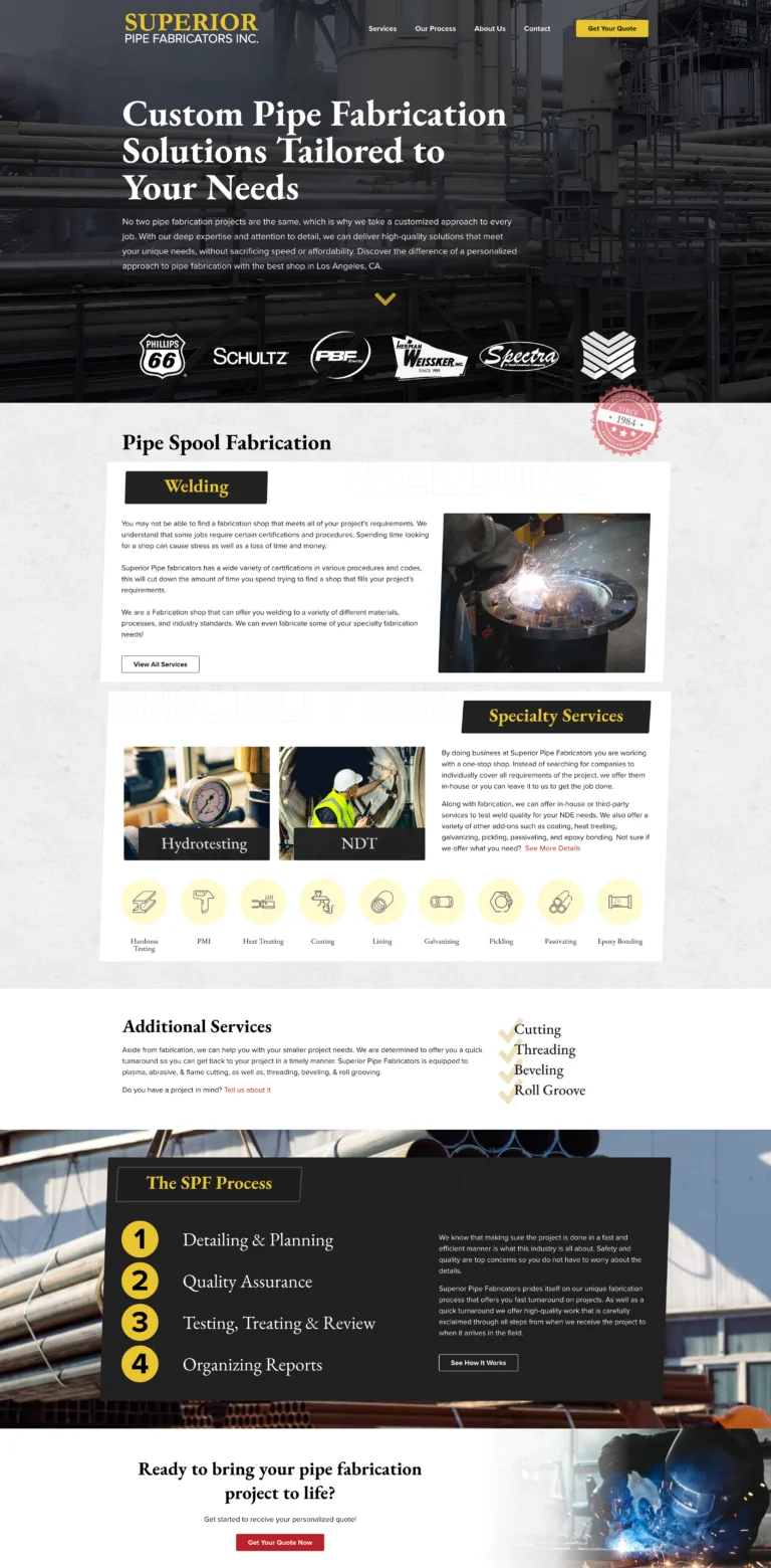 Superior Pipe Fabricators welding homepage for built by Focus Web Design Agency in Las Vegas